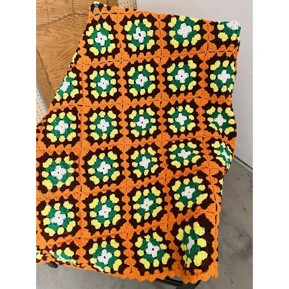 Vintage Crochet Granny Square Afghan Blanket Green Orange Brown Retro 70s Hippie